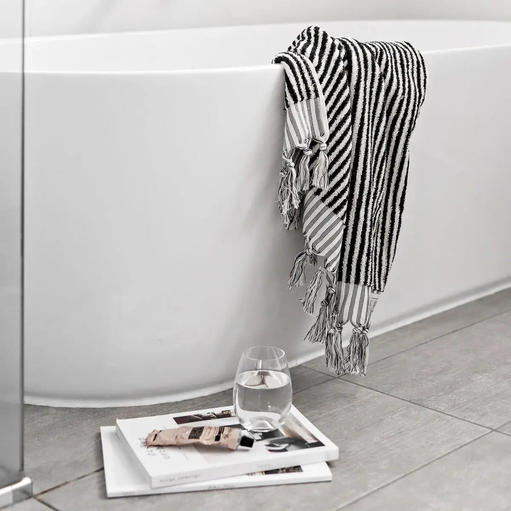 
                
                    Load image into Gallery viewer, Striped Plush Turkish Towel - Black + White
                
            