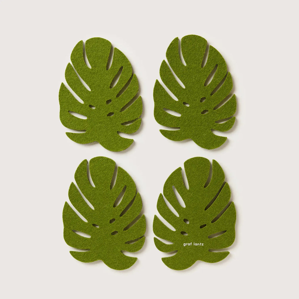 Merino Wool Monstera Coaster Set - Loden Green