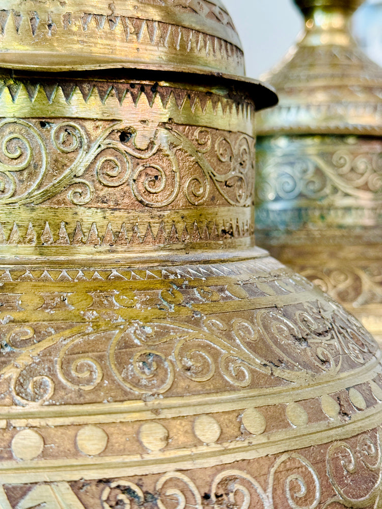 Antique Hand-Etched Anglo-Indian Brass Lamps