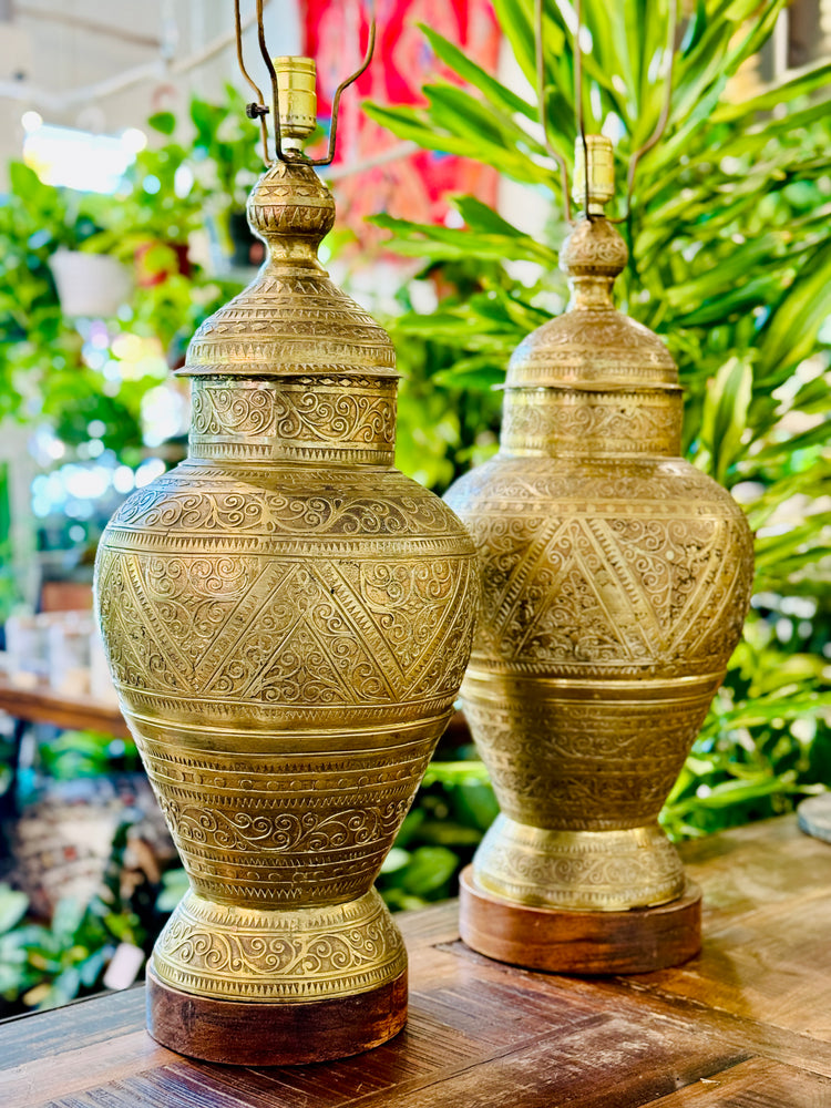 Antique Hand-Etched Anglo-Indian Brass Lamps