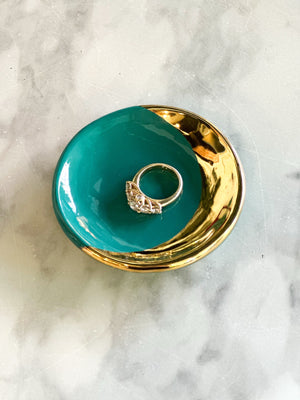 Gold Lunar Ceramic Ring Dish in Teal