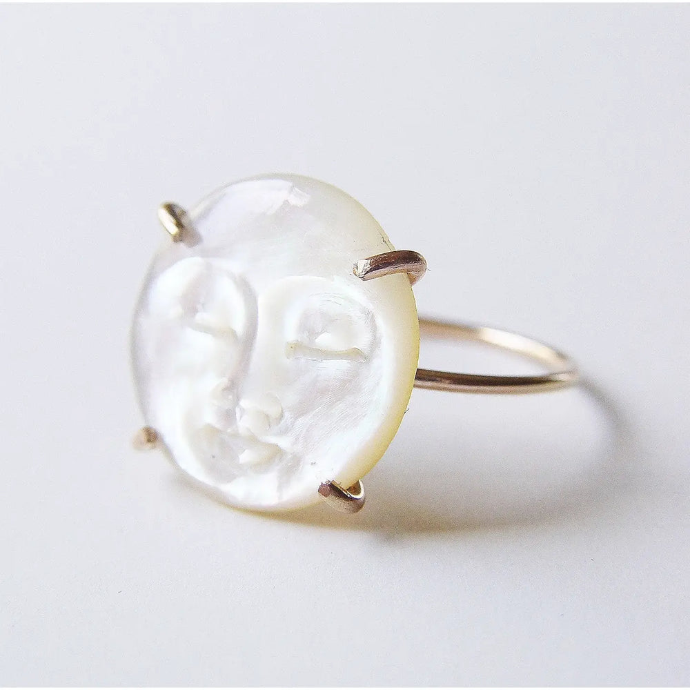 Pearl Moon Face Gold Ring - Size 5